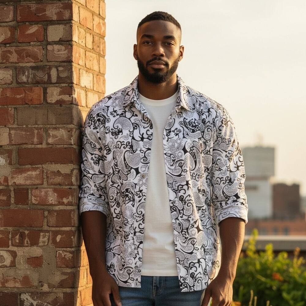 Button Up Shirt Scroll Print Italian Design Career